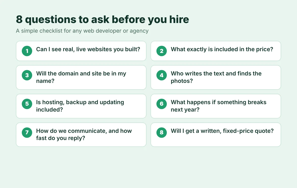 Eight questions to ask a web developer UK businesses can use before hiring: portfolio, price, ownership, content, hosting, support, communication and a written quote